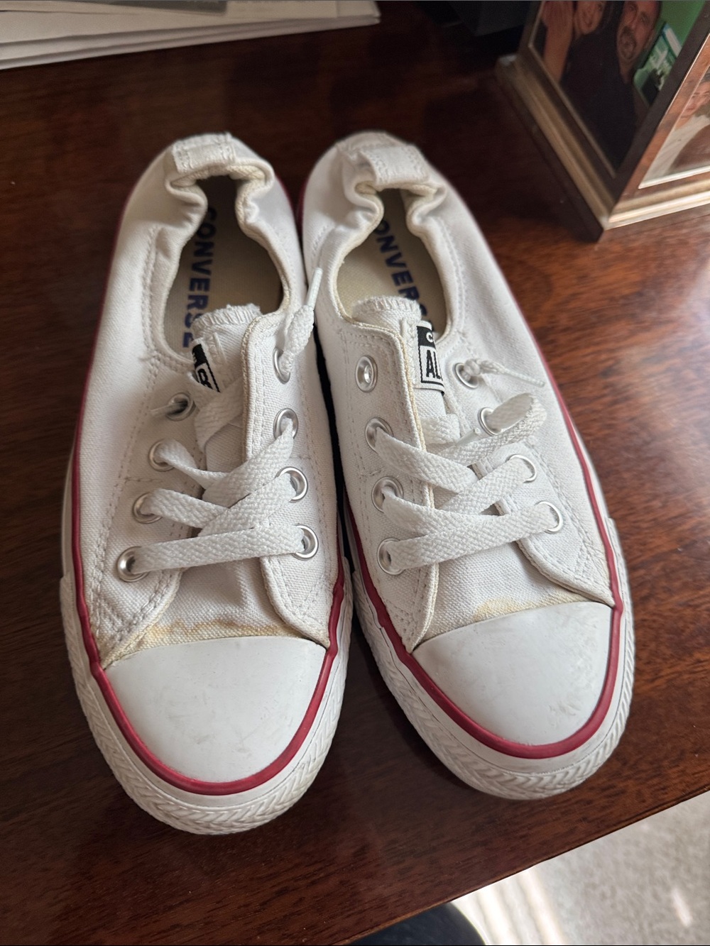 Women White Canvas Converse Low-Top Sneakers with Red Accent